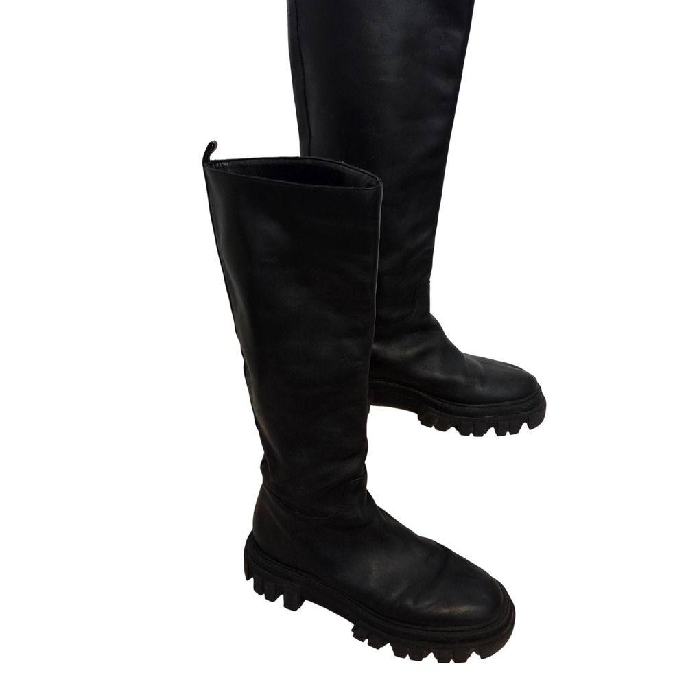 Marc Fisher LTD Malena Black Leather Lug Sole Knee High Combat Boots Womens 9M